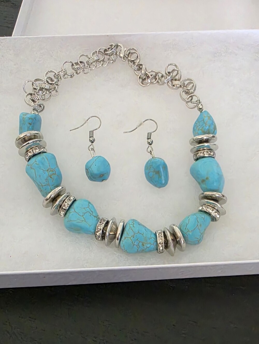 Turquoise Bead Necklace & Earrings Set - Blue Statement Jewelry